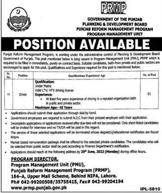Jobs in Planning And Development Board (PRMP) Punjab – Planning & Development Board Punjab Jobs 2022 — original advertisement