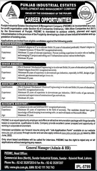 Jobs in Punjab Industrial Estates Development And Management – Punjab Industrial Estates Development & Management Company Jobs 2022 — original advertisement