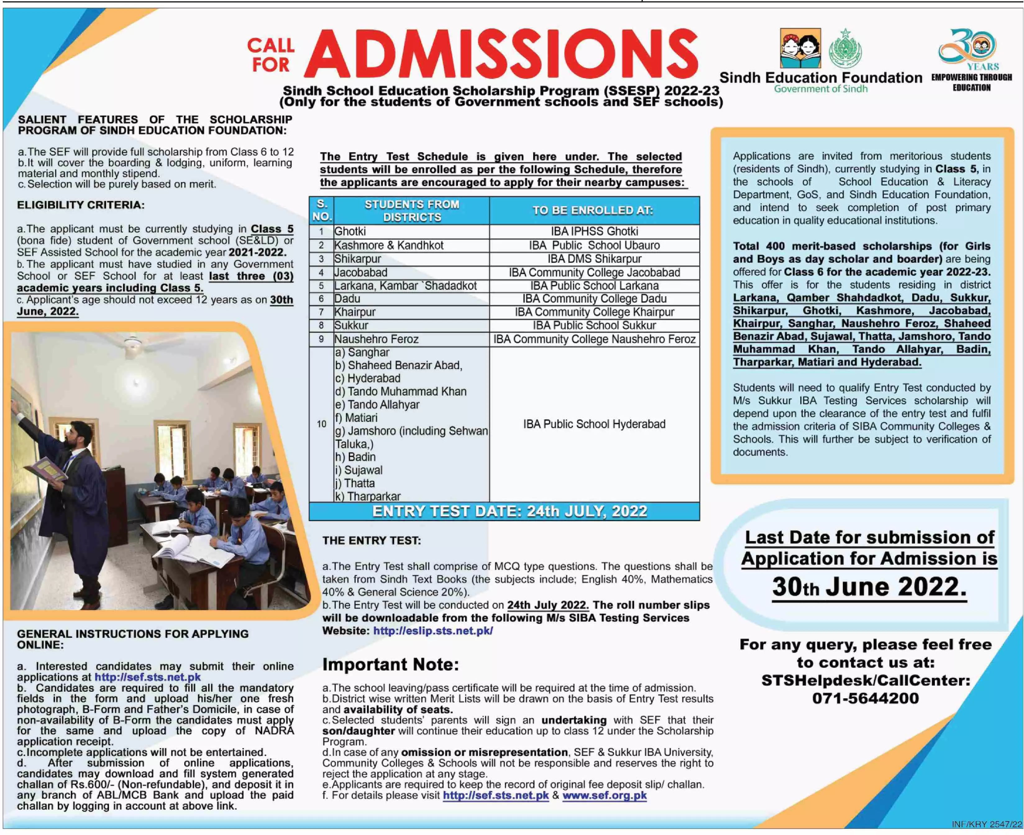 Scholarship Program in Sindh Education Foundation Scholarships 2022 — original advertisement