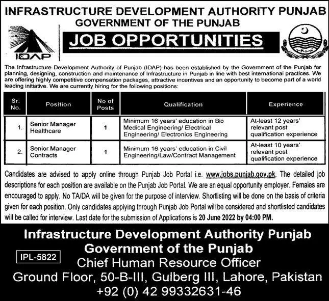 Jobs in Infrastructure Development Authority Punjab Jobs 2022 — original advertisement