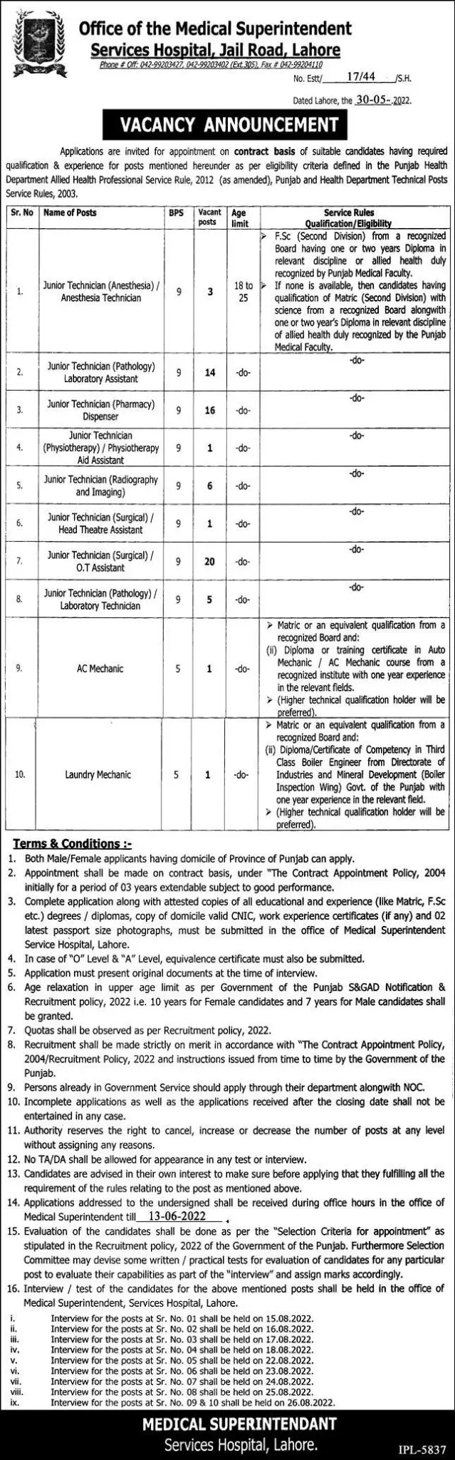 Jobs in Medical Superintendent Services hospital Lahore – Health Department Punjab Jobs 2022 — original advertisement