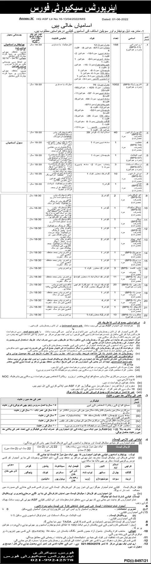 Jobs in Airports Security Force ASF 2022 – Airport Security Force Jobs 2022 — original advertisement