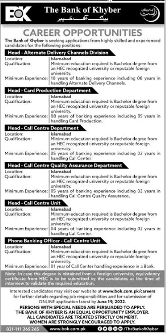 Jobs in Bank of khyber Jobs 2022 — original advertisement