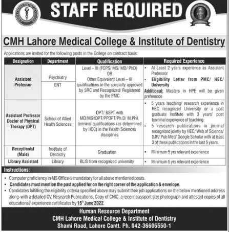 Jobs in CMH Lahore Medical College & institute of Dentistry Jobs 2022 — original advertisement