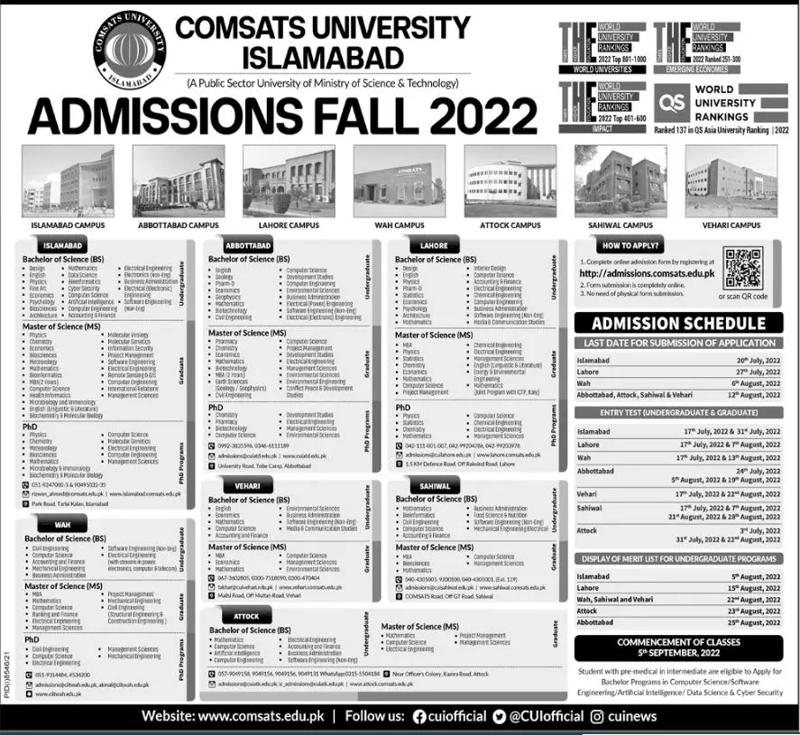 Admission in comsats University Islamabad Admissions 2022 — original advertisement