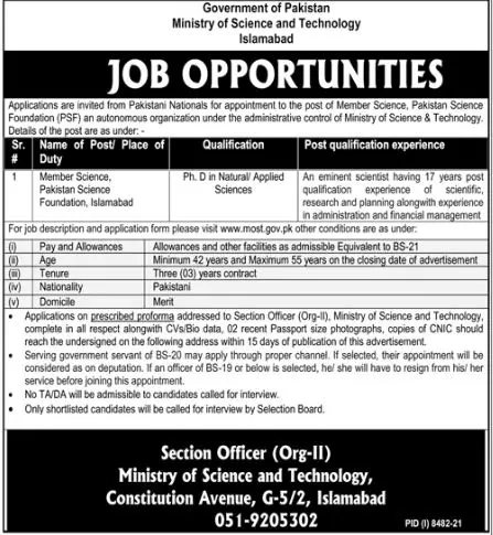 Jobs in Ministry of science and Technology Islamabad – Ministry of Science & Technology Islamabad Jobs 2022 — original advertisement