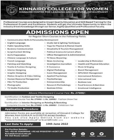 Admission in Kinnaird College For Woman Lahore – Punjab Kinnaird College for Women Lahore Admissions 2022 — original advertisement