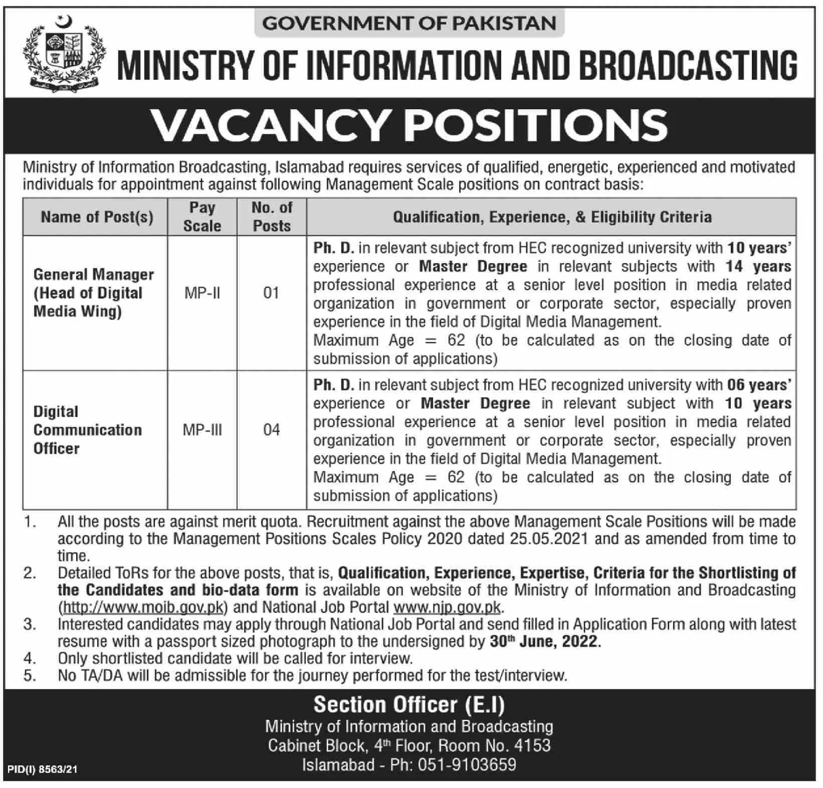 Jobs in Ministry of information And Broadcasting Islamabad – Ministry of Information & Broadcasting Pakistan Jobs 2022 — original advertisement