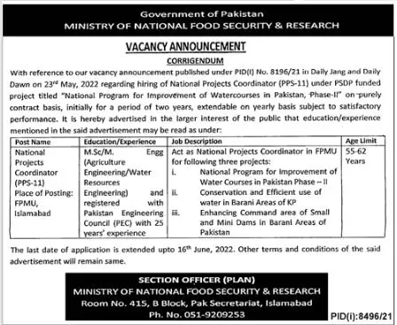 Jobs in Ministry Of National Food Security and Research – Ministry of National Food Security & Research Jobs 2022 — original advertisement