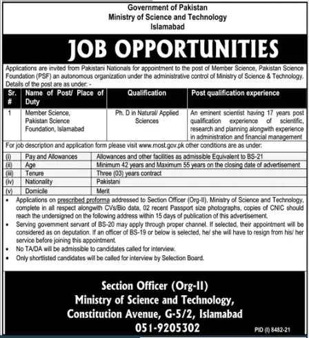 Jobs in Ministry of Science And Technology Islamabad – Ministry of Science & Technology Islamabad Jobs 2022 — original advertisement