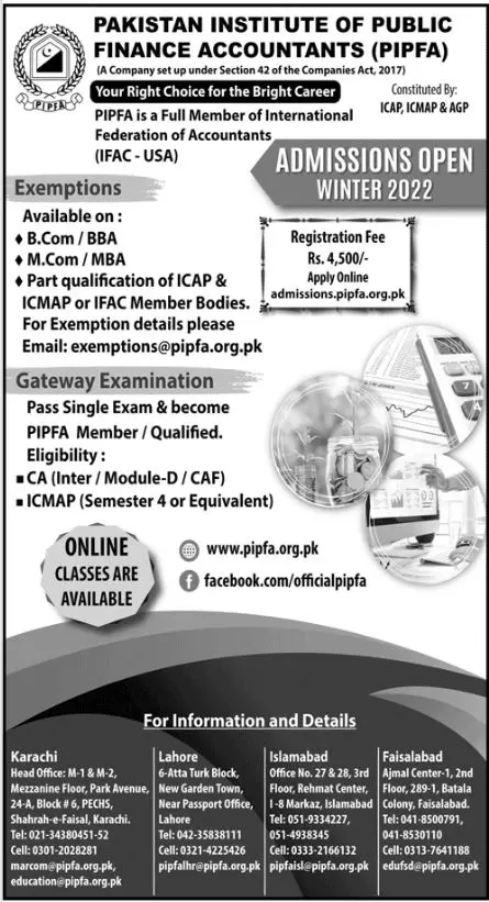 Admission in Pakistan institute of Public Finance Accountant – Pakistan Institute of Public Finance Accountants Admissions 2022 — original advertisement