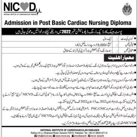 Admission in National Institute of Cardiovascular Diseases – National Institute of Cardiovascular Diseases (NICVD) Sindh Karachi Admissions 2022 — original advertisement