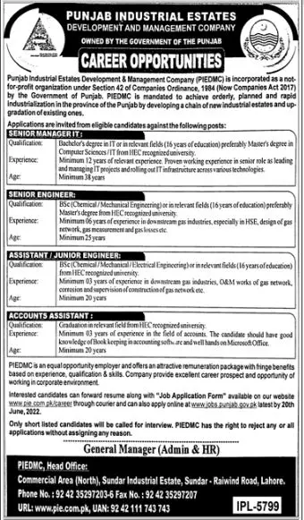 Jobs in Punjab Industrial Estates Development and Management – Punjab Industrial Estates Development & Management Company Jobs 2022 — original advertisement