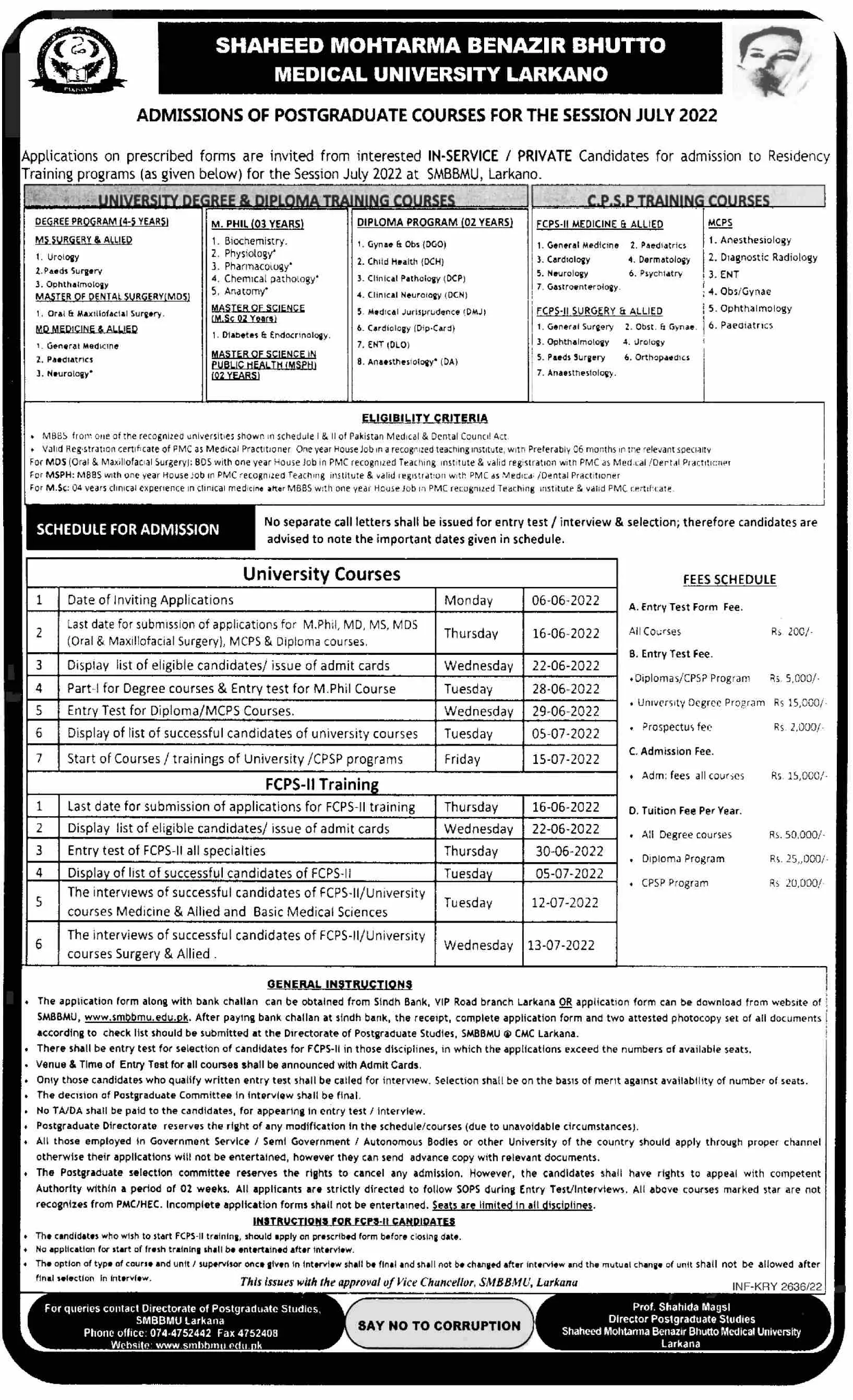 Admission Shaheed Mohtarma Benazir Bhutto Medical University – Shaheed Mohtarma Benazir Bhutto Medical University Larkana Admissions 2022 — original advertisement