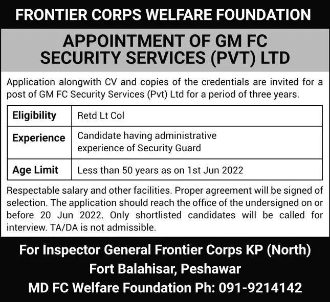 Jobs in Frontier Crops Welfare Foundation – Frontier Corps Kpk Jobs 2022 — original advertisement
