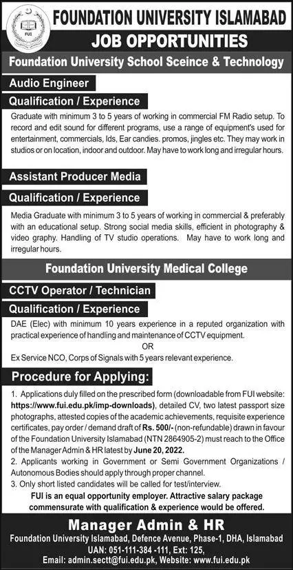 Jobs in Foundation University Islamabad Jobs 2022 — original advertisement