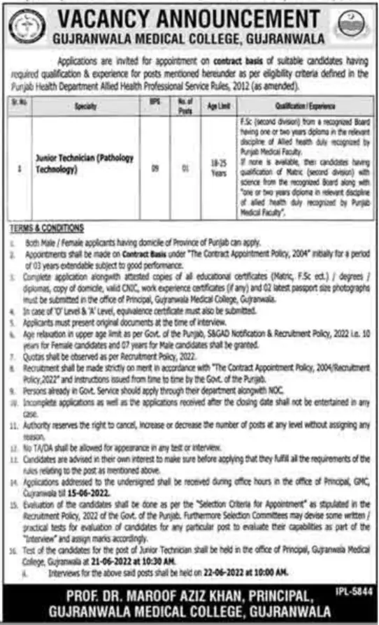 Jobs in Gujranwala Medical College Gujranwala Jobs 2022 — original advertisement
