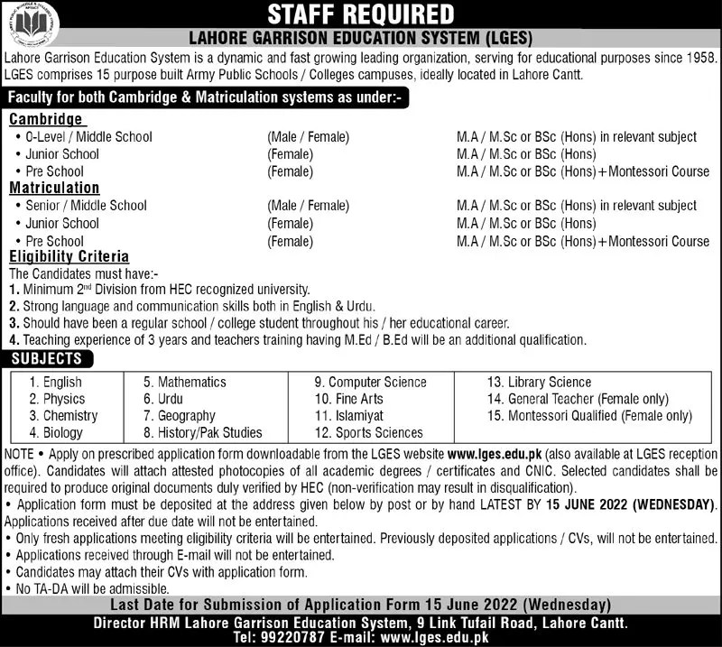 Jobs in Lahore Garrison Education System (LDES) – Federal Govt Educational Institutes Cantts and Garrisons Jobs 2022 — original advertisement