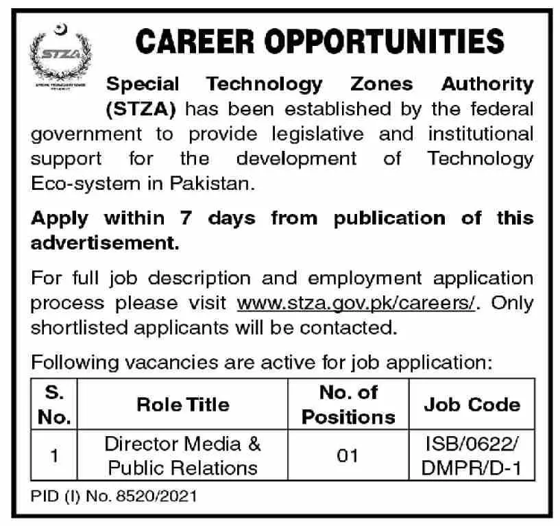 Jobs In special Technology Zones Authority (STZA) – Federal Government Organization Jobs 2022 — original advertisement