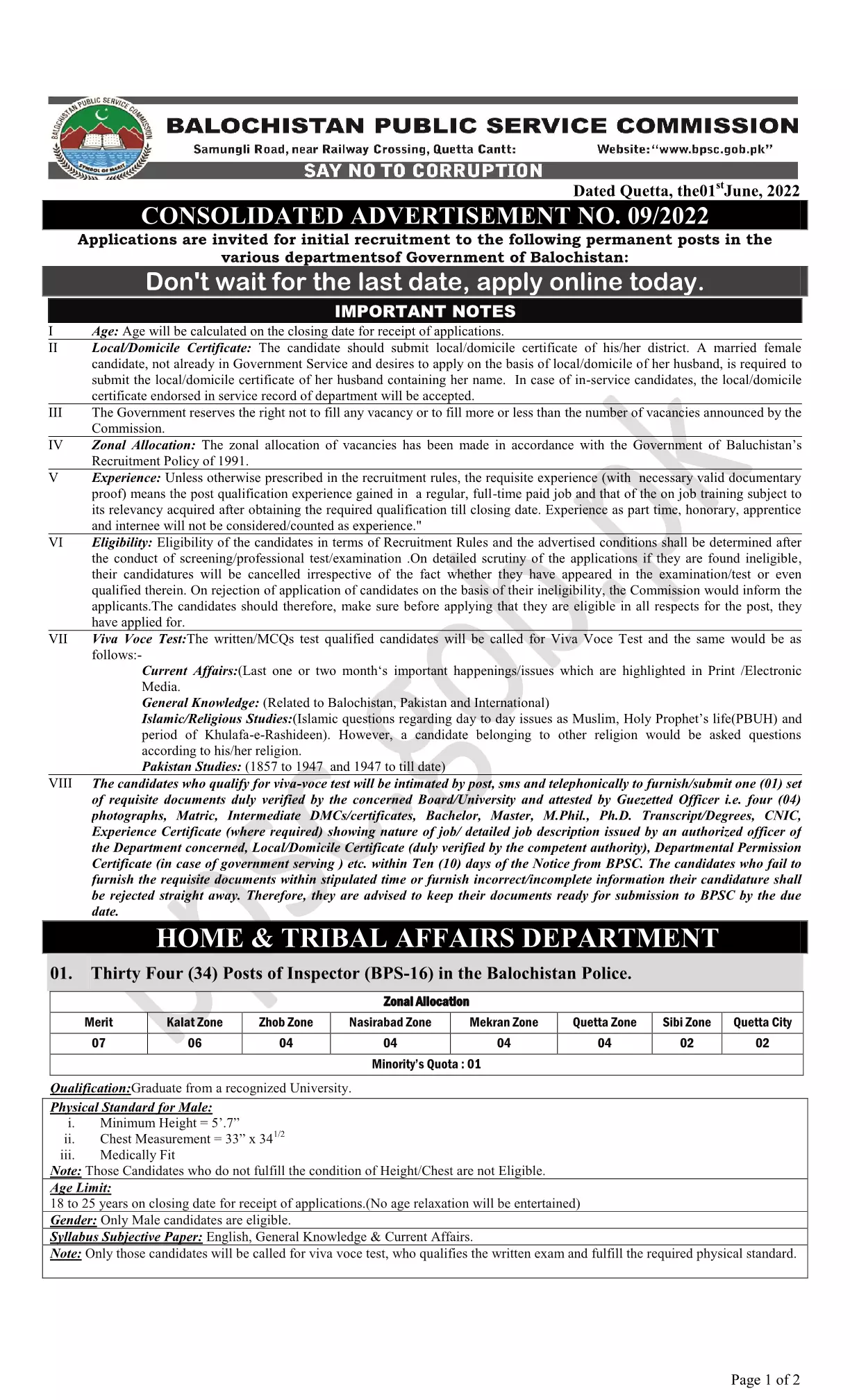 Balochistan Public Service Commission Jobs 9/2022 – Balochistan Public Service Commission Quetta Balochsitan Jobs 2022 — original advertisement