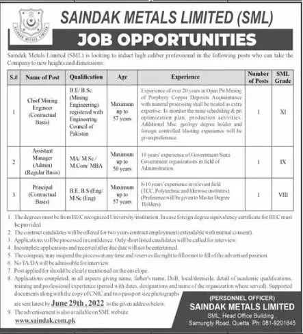 Jobs in Saindak Metals Limited Quetta Jobs 2022 — original advertisement