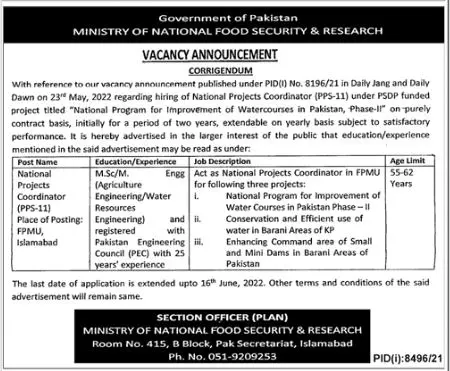 Jobs in Ministry of National Food Security and Research – Ministry of National Food Security & Research Jobs 2022 — original advertisement