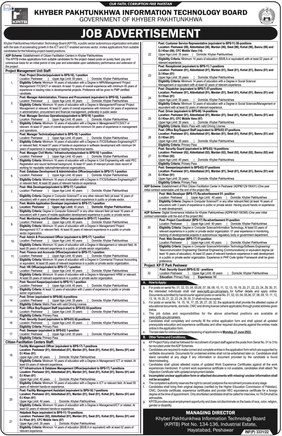 Jobs in Khyber Pakhtunkhwa Information Technology Board – Khyber Pakhtunkhwa Information Technology Board (KPITB) Peshawar Jobs 2022 — original advertisement