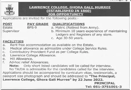 Jobs in Lawrence College Ghora Gali Murree Jobs 2022 — original advertisement