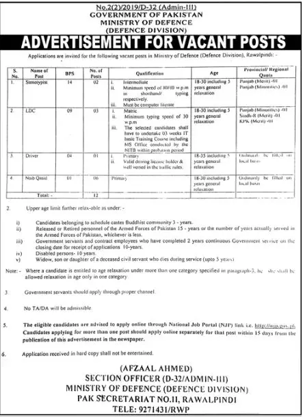 Jobs in Ministry of Defence Rawalpindi – Ministry of Defence Pakistan Jobs 2022 — original advertisement