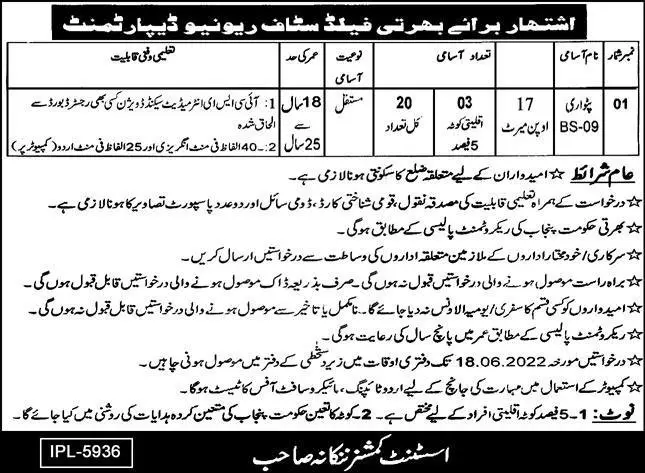 Jobs in Revenue Department Punjab Jobs 2022 — original advertisement