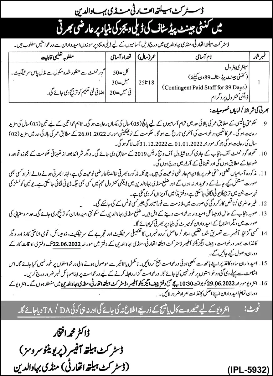 Jobs in Health Authority Mandi Bahaudin – Health Department Punjab Jobs 2022 — original advertisement