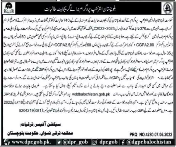 Female Internship Program Balochistan 2022 – Govt of Balochistan Jobs 2022 — original advertisement