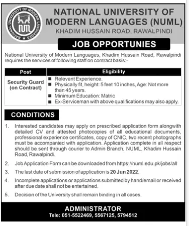 Jobs in National University of Modern Languages (NUML) – National University of Modern Languages Islamabad Jobs 2022 — original advertisement
