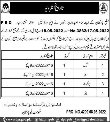 Interview in Communication and Works Department Barkhan – Communication & Works Department Balochistan Jobs 2022 — original advertisement
