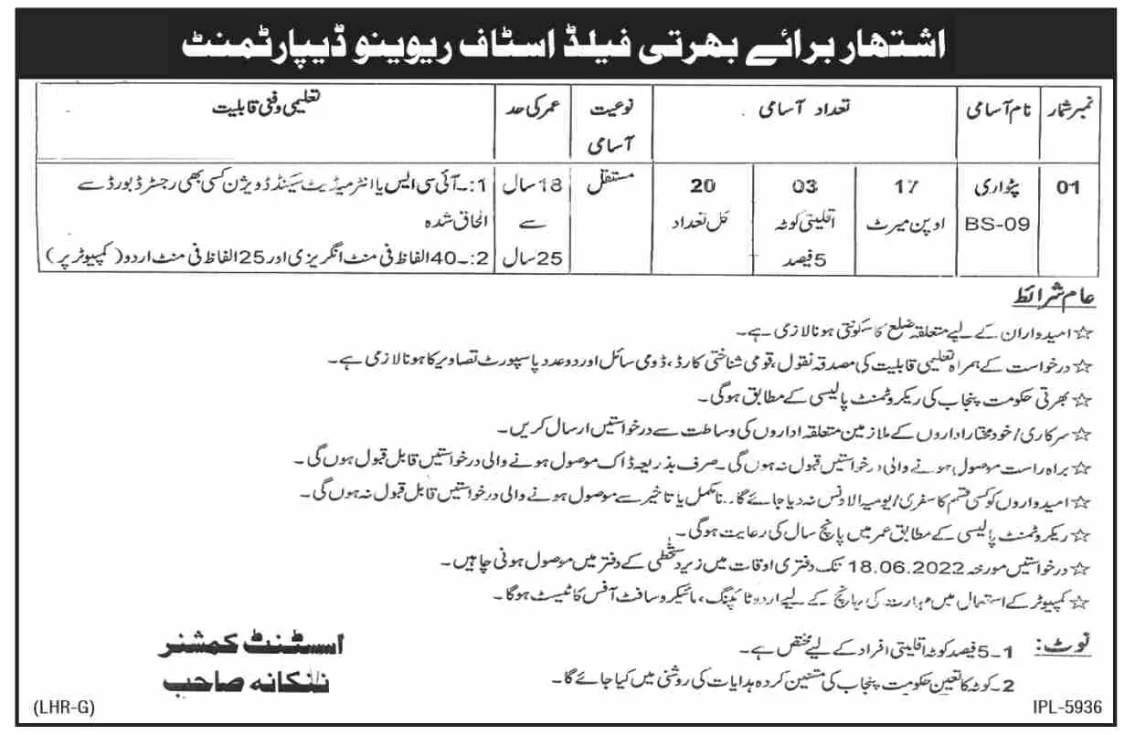 Jobs in Field Staff Patwari Revenue Department Punjab Jobs 2022 — original advertisement