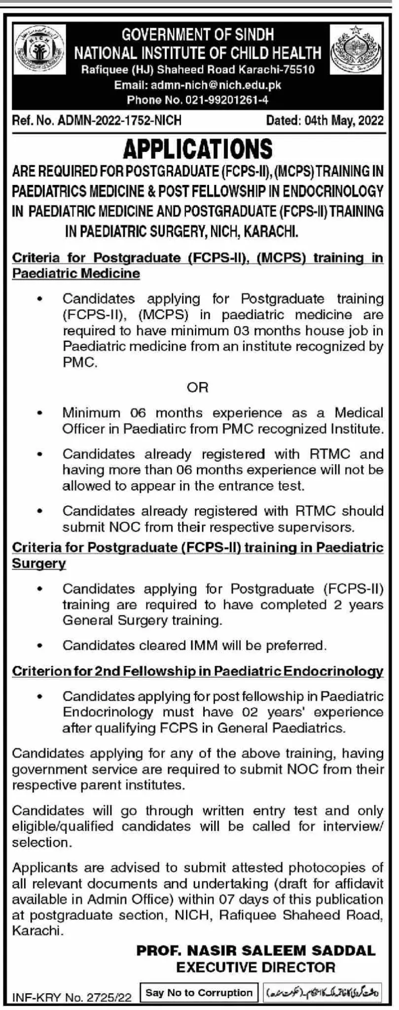 Jobs in National institute of Child health Karachi – National Institute of Child Health (NICH) & School of Nursing Karachi Jobs 2022 — original advertisement