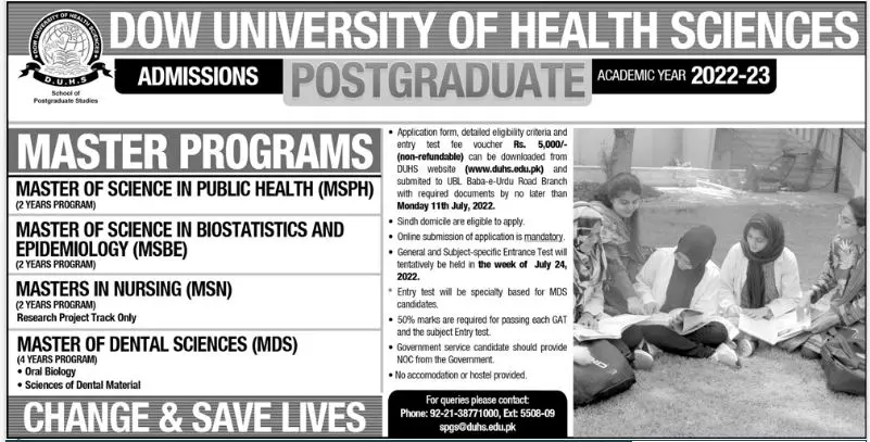 Admission in Dow University of Health Sciences Karachi Admissions 2022 — original advertisement