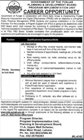 Jobs in Planning and Development Board Lahore Punjab – Planning & Development Board Punjab Jobs 2022 — original advertisement