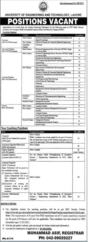 Jobs in University of Engineering And Technology Lahore – University of Engineering  & Technology Lahore Jobs 2022 — original advertisement