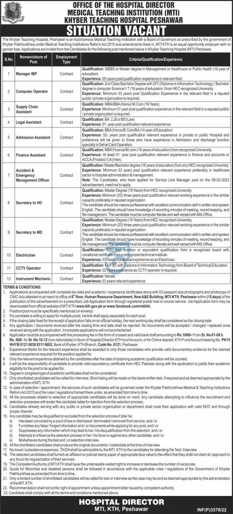 Jobs in Medical Teaching institution (Mti) Khyber Teaching – Medical Teaching Institute MTI Khyber Teaching Hospital Peshawar Kpk Jobs 2022 — original advertisement