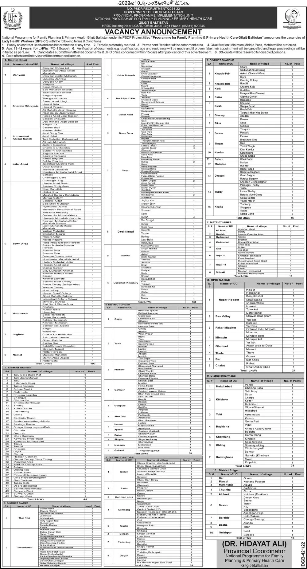 Jobs in National Programme for Family & Primary Health – Government of Gilgit-Baltistan Jobs 2022 — original advertisement