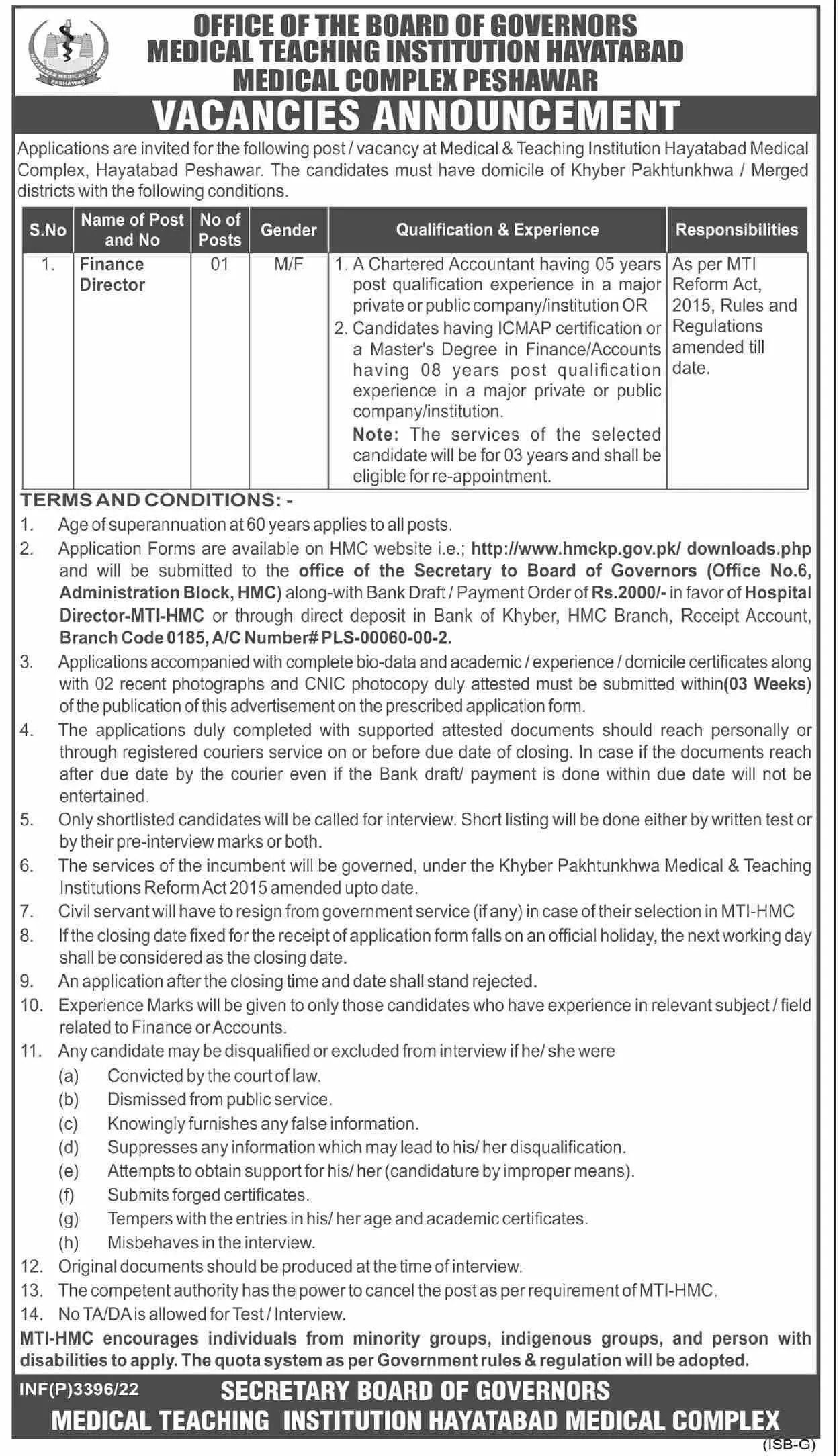 Jobs in Medical Teaching institute Hayatabad Khyber Pakhtunk – Medical Teaching Institution Bannu Jobs 2022 — original advertisement