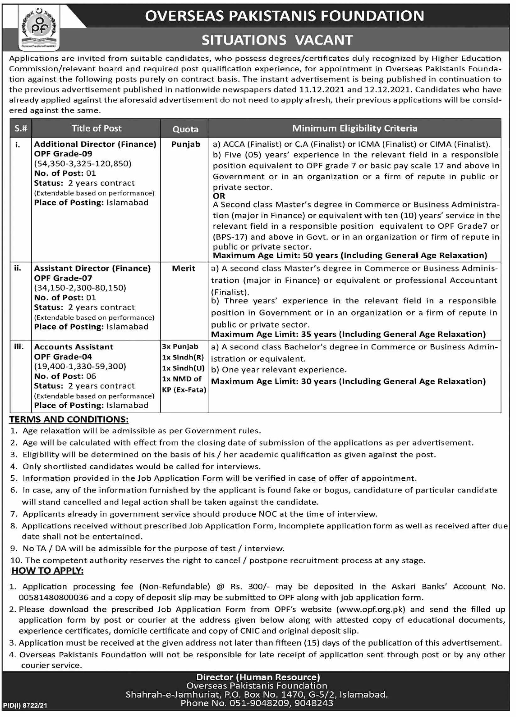 Jobs in overseas Pakistan Foundation Islamabad – Overseas Pakistanis Foundation Islamabad Jobs 2022 — original advertisement