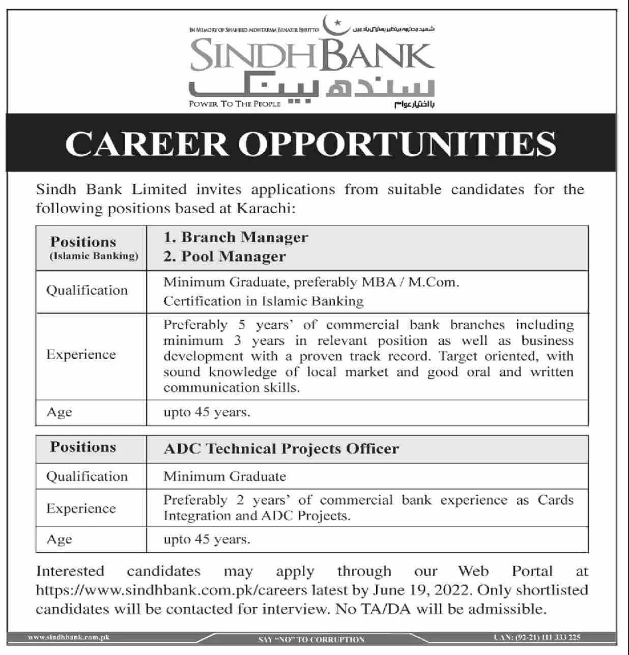 Jobs in Sindh Bank Limited Jobs 2022 — original advertisement