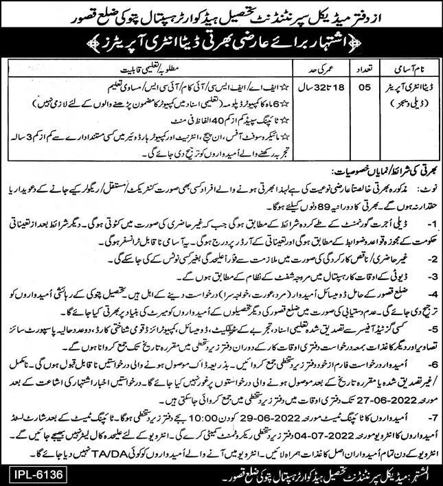 Jobs in Tehsil Headquarter Hospital Pattoki Jobs 2022 — original advertisement