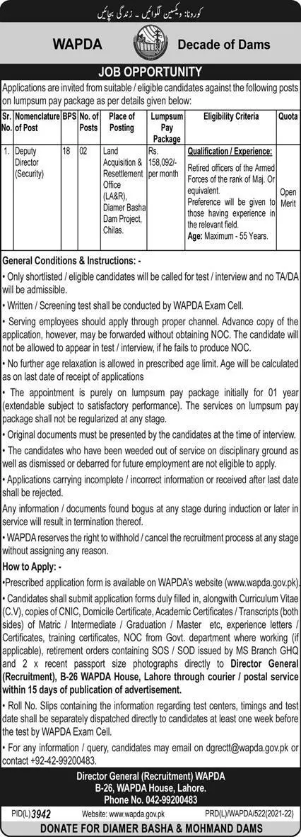 Jobs in Water And Development Authority WAPDA – Water and Power Development Authority Jobs 2022 — original advertisement
