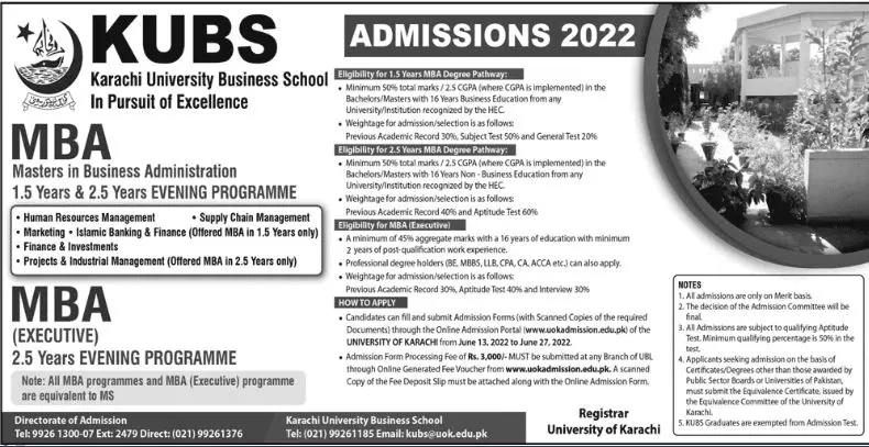Admission in Karachi University Business School (KUBS) – University of Karachi Admissions 2022 — original advertisement