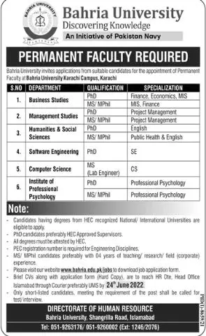 Jobs in Bahria University Islamabad Jobs 2022 — original advertisement
