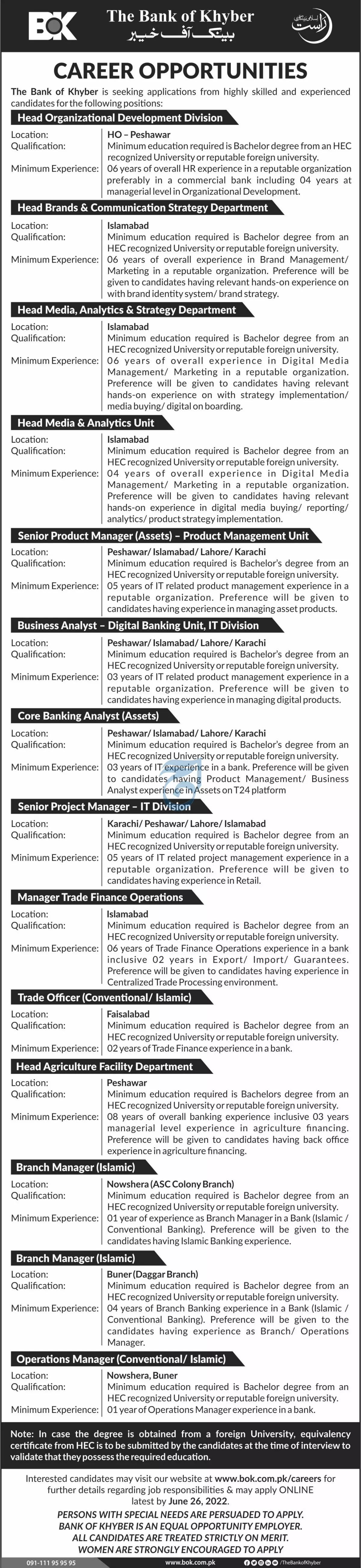 Jobs In Bank of Khyber Jobs 2022 — original advertisement