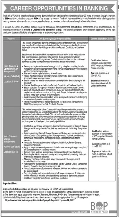 Jobs in Bank of Punjab Jobs 2022 — original advertisement